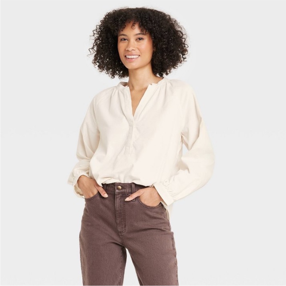 NWT Universal Thread White/Cream Blouse, Collarless, Corduroy, Relaxed Fit, 3X